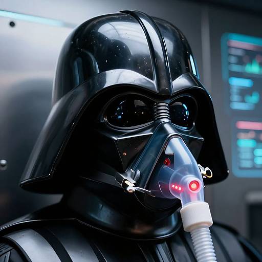 Photograph of Darth Vader in glossy black armor with a transparent mask, breathing apparatus, and illuminated red light, set against a futuristic control panel background.