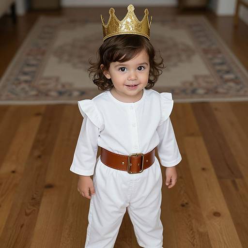 Photograph of a young child with curly brown hair, wearing a gold crown, white long-sleeve outfit, and brown belt, standing on a