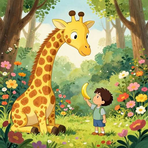 Giant Giraffe and Boy in Flower Forest