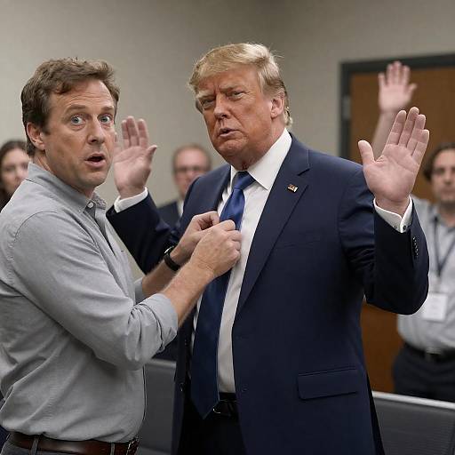 Man in blue suit with hands raised