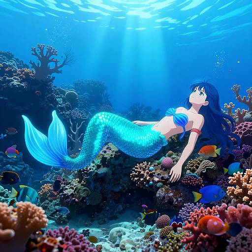 Digital art of a blue, shimmering mermaid with long black hair and a blue top, floating among vibrant coral reefs and colorful fish underwater.