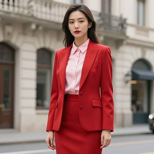 Woman in Red Suit on Street