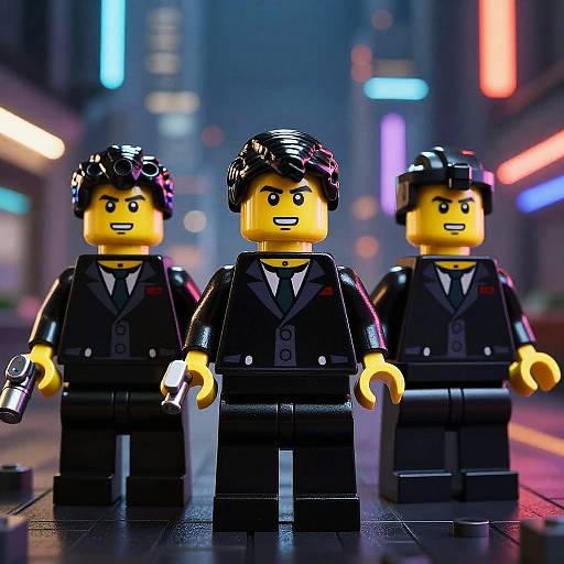 Photograph of three LEGO minifigures in black suits, yellow skin, and black hair, standing in a neon-lit city street at night