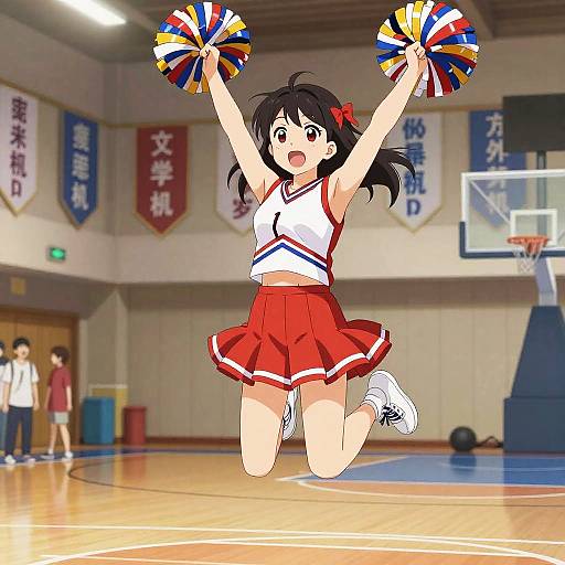 Anime Cheerleader Jump in Gymnasium