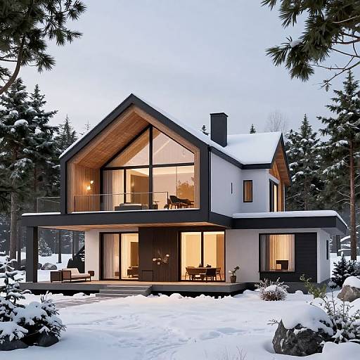 Photorealistic CGI of a modern, two-story, black and white house with large glass windows, illuminated interior, surrounded by snow-covered forest.