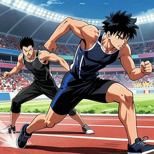 Anime-style illustration of two muscular, black-haired male athletes in black racing uniforms sprinting on a red track in a packed stadium.