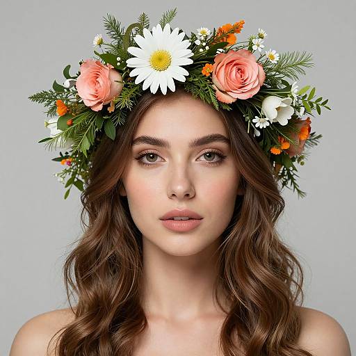 Photograph of a fair-skinned woman with wavy brown hair, wearing a floral crown with white daisies, pink roses, and greenery