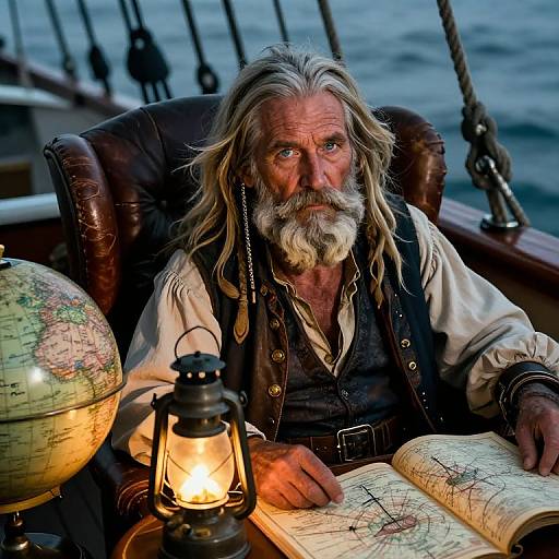 Photograph of an aged, long-haired, bearded pirate with a white beard, wearing a black vest and white shirt, reading a map by lantern
