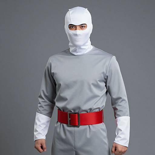 Photograph of a person in a gray ninja outfit with white head and neck cover, red belt, and gray background.