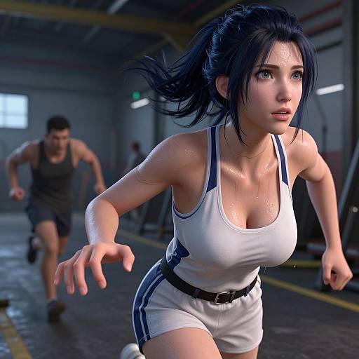 Digital art of an athletic Asian woman in a white tank top and shorts, sweating, running in a dimly lit gym, with a muscular man in