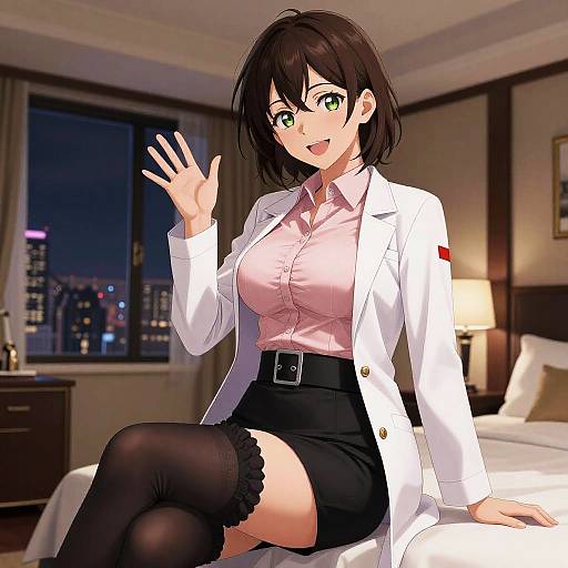 Anime-style digital illustration of a cute, short-haired woman in a white lab coat, pink blouse, black skirt, and thigh-high stockings, waving in