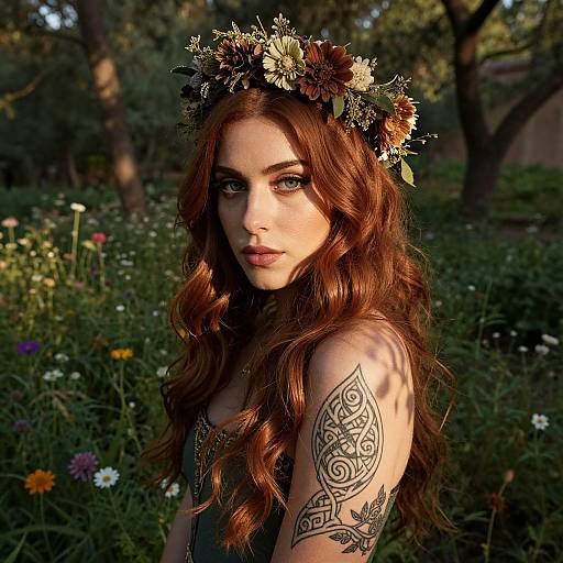 Photograph of a fair-skinned woman with long, wavy auburn hair, wearing a floral crown, showcasing a detailed arm tattoo, standing