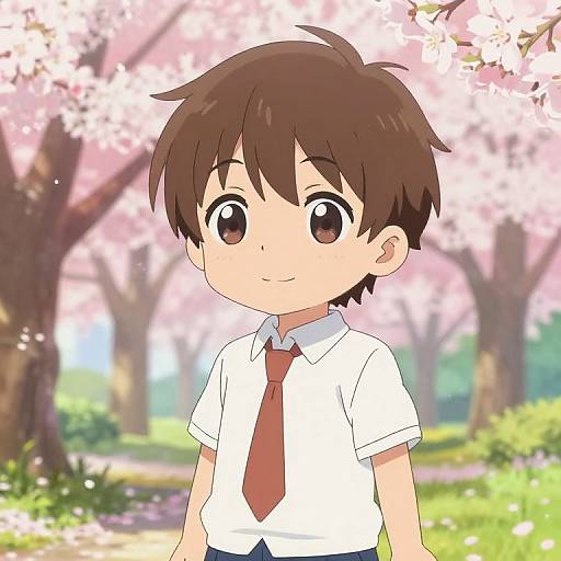 Anime-style digital illustration of a cute young boy with brown hair and large brown eyes, wearing a white shirt and red tie, standing in a cherry blossom