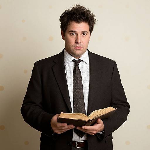 Photograph of a serious, dark-haired man in a black suit and tie, holding an open book against a plain, beige background.