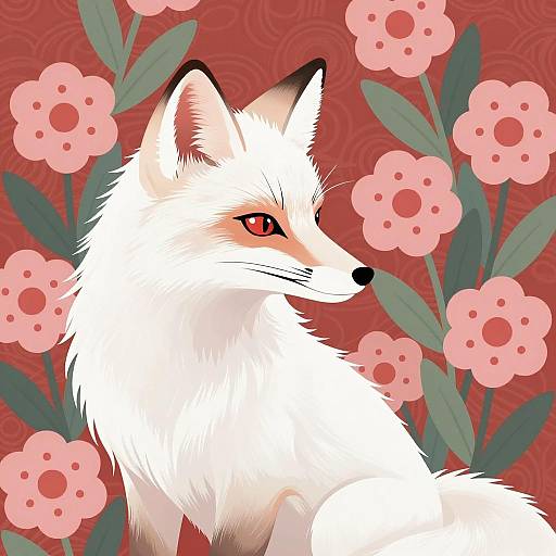 Majestic White Fox Among Pink Blooms