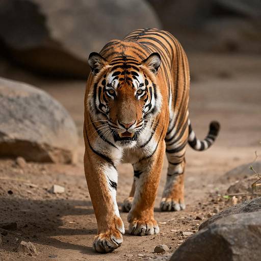 Sunlit Bengal Tiger Stalking Rocky Terrain