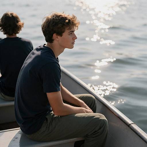 Young Man in Boat with Sunlit Reflections