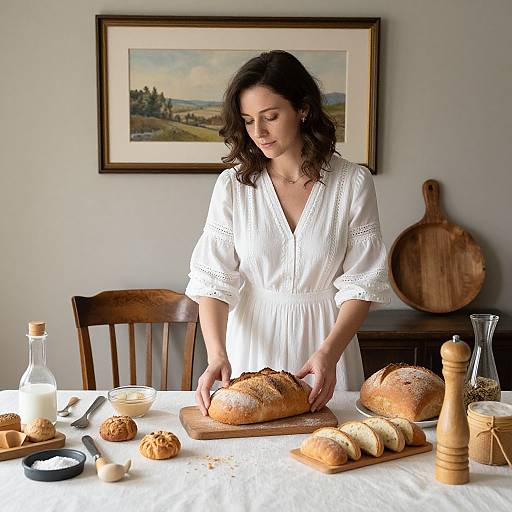 Photograph of a brunette woman in a white embroidered dress slicing a loaf of bread at a rustic kitchen table with bread, milk, and wooden utensils