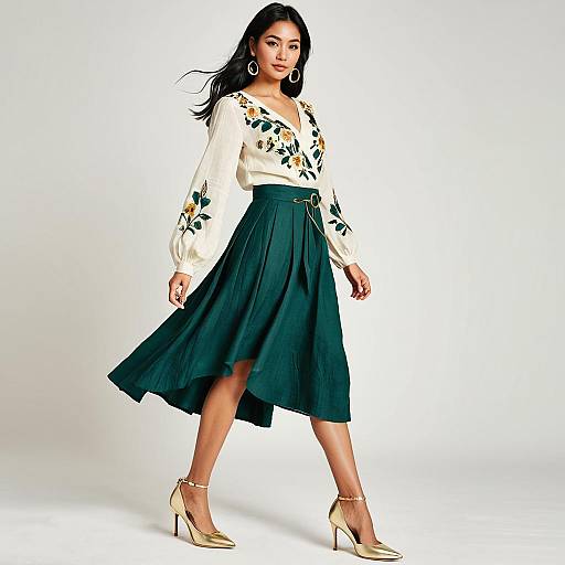 Fashion Model in Emerald Wrap Skirt and Embroidered Blouse