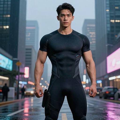 Photorealistic CGI of a muscular Asian man in a tight black bodysuit, standing in a rainy city street at dusk, holding a gun,