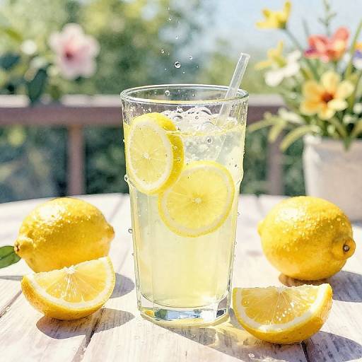 Photograph of a refreshing lemon-infused drink in a glass with lemon slices and a straw, surrounded by whole and halved lemons on a sunny