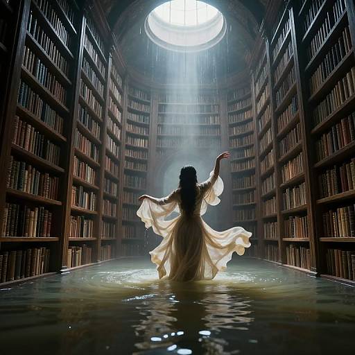 Digital art: Silhouetted figure with flowing white robe, arms raised, standing in water-filled library aisle, surrounded by bookshelves, illuminated
