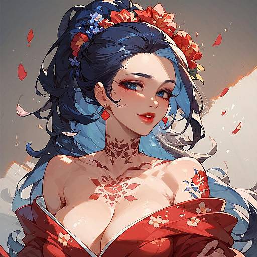 Digital anime-style portrait of a beautiful woman with blue and black hair, red floral hairpiece, red kimono, large breasts, floral tattoos, and