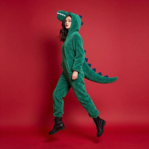 Photograph of a woman in a green, fuzzy, dinosaur onesie with a tail and hood, walking against a vibrant red background. She wears black