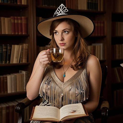 Photograph of a fair-skinned woman with brown hair, wearing a fringe dress, wide-brimmed hat, holding a glass of whiskey, seated