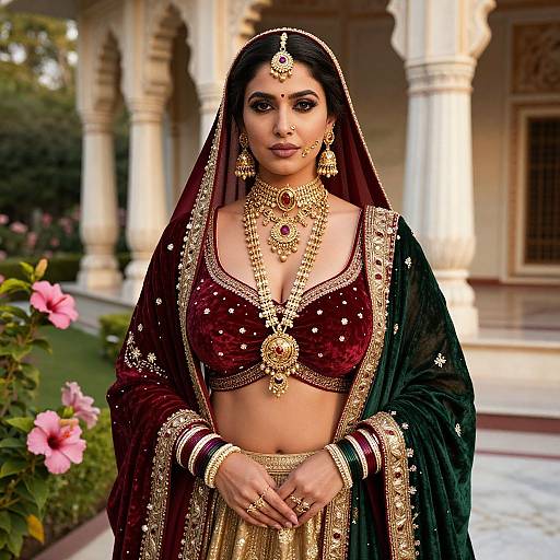 Photograph of an Indian bride in a maroon velvet lehenga, gold jewelry, and headpiece, standing in a sunlit, ornate courtyard