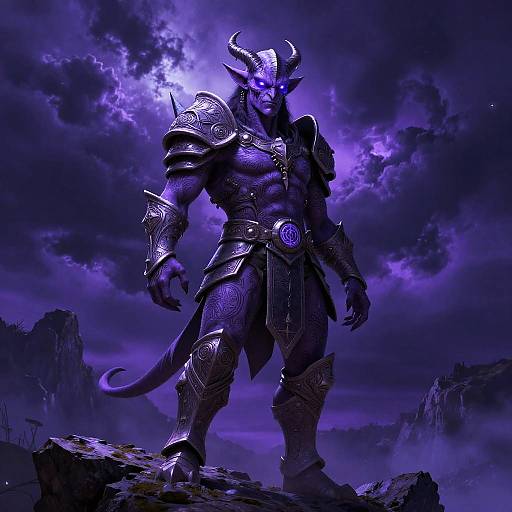 Digital art of a muscular, purple-skinned demon warrior with glowing blue eyes, horned helmet, and ornate armor, standing on a rocky cliff