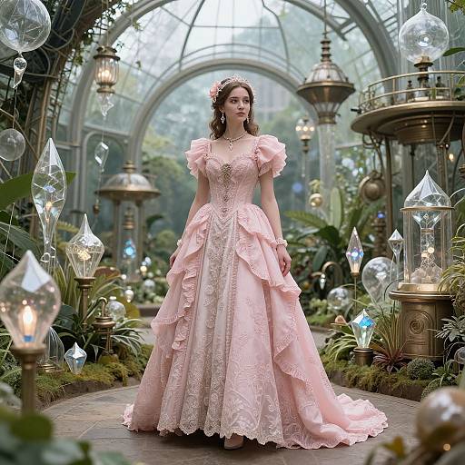 Photograph of a fair-skinned, brunette woman in a pink, lace, Victorian-style ball gown with puffed sleeves, standing in a lush,