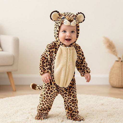 Photograph of a smiling baby in a leopard-print onesie with cat ears and tail, standing on a white rug in a bright, minimalistic room