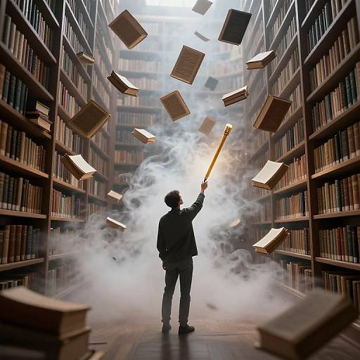 Photograph of a silhouetted man in a suit, standing in a fog-filled library aisle, holding a glowing wand, with floating books surrounding