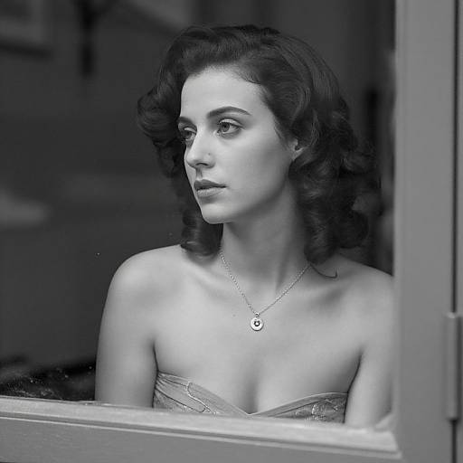 Black-and-white photograph of a pensive woman with wavy dark hair, wearing a strapless dress and necklace, looking out a window.
