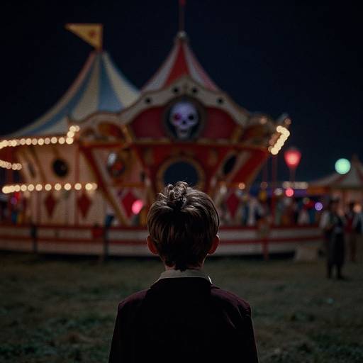 Photograph of a young boy with short, blond hair, seen from behind, facing a brightly lit, eerie circus tent with a skull face in the