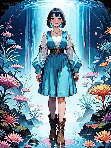 Dark Fantasy Girl in Blue Dress by Waterfall