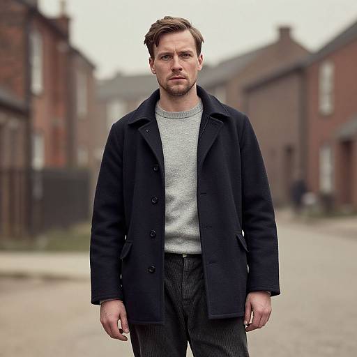 Photograph of a serious, short-haired white man with light beard, wearing a black coat over a gray sweater, standing in a blurred, urban street