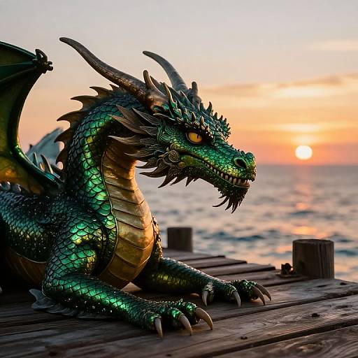 Photograph of a green-scaled, horned dragon with glowing eyes lying on a wooden pier at sunset, with a vibrant orange and pink sky and