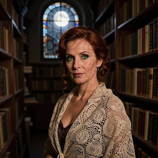 Photograph of a middle-aged woman with red hair, green eyes, wearing a lace blouse, standing in a dimly lit library with bookshelves