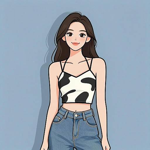 Digital anime-style drawing of a young woman with long black hair, wearing a white and black cow print crop top and blue jeans, against a light blue