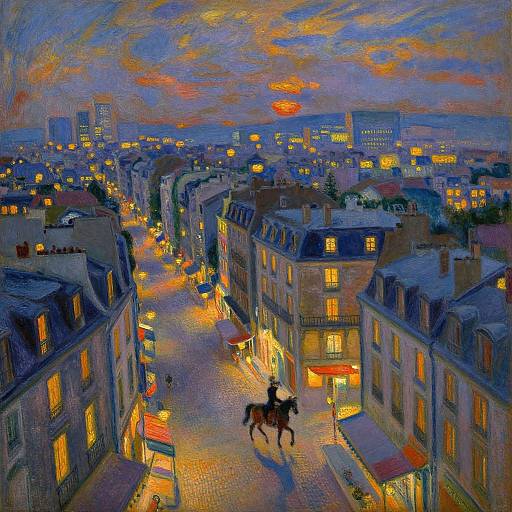 Impressionist-style painting of a city street at dusk, with a horseback rider in the foreground, colorful buildings, and glowing streetlights.