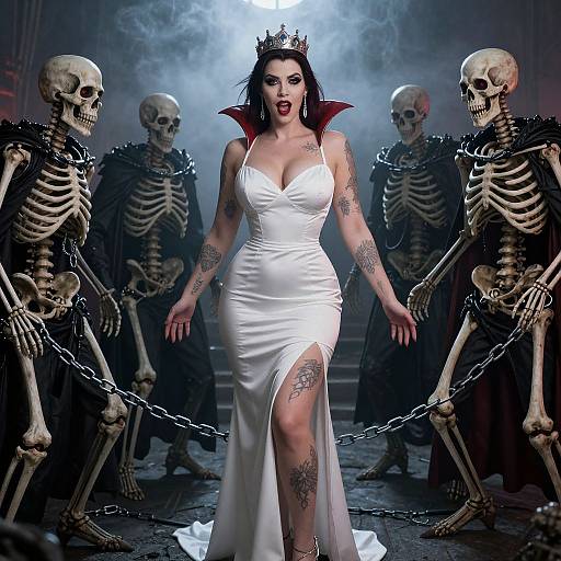 Photograph of a tattooed woman in a white, thigh-slitted dress with a crown, surrounded by chained skeletons in a dark, foggy,