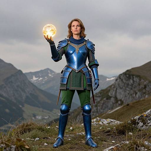 Armored Woman with Orb in Heroic Pose