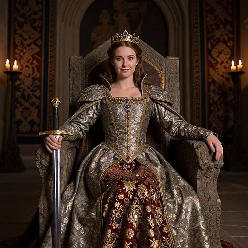 Photorealistic digital art: regal woman with brown hair, wearing a metallic gold and ruby gown, crown, and throne, holding a sword.