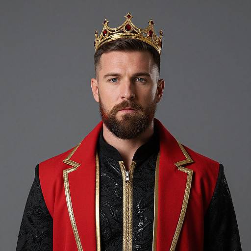 Photograph of a bearded, blue-eyed man wearing a golden crown, red and gold royal robe over a black shirt, against a gray background.