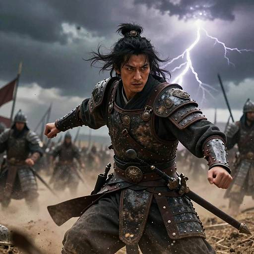 Photograph-like CGI of fierce Asian warrior with black hair in lightning storm, charging forward in medieval armor, surrounded by fellow warriors.