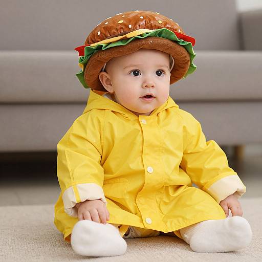 Photograph of a baby with fair skin, wearing a yellow raincoat, white socks, and a burger hat, sitting on a carpeted floor in