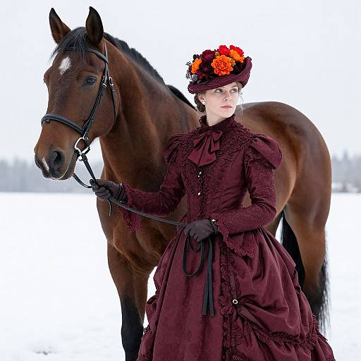 Photograph of a fair-skinned woman in a Victorian-style maroon dress with black gloves, holding a brown horse's reins, wearing a red and