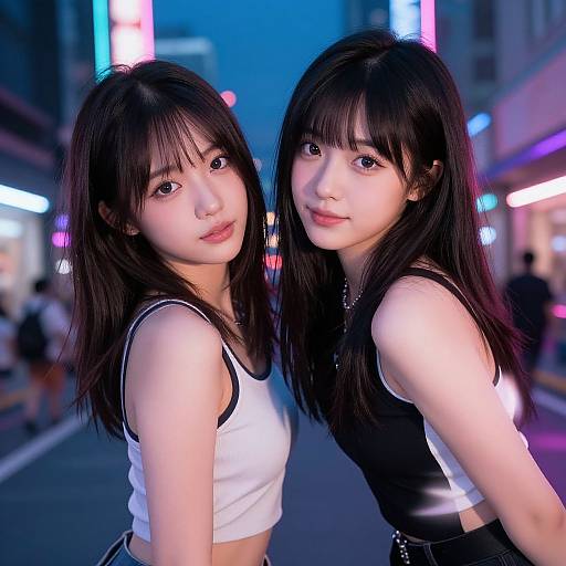 Photograph of two East Asian women with long black hair, wearing black and white crop tops, standing in a neon-lit urban street at night.
